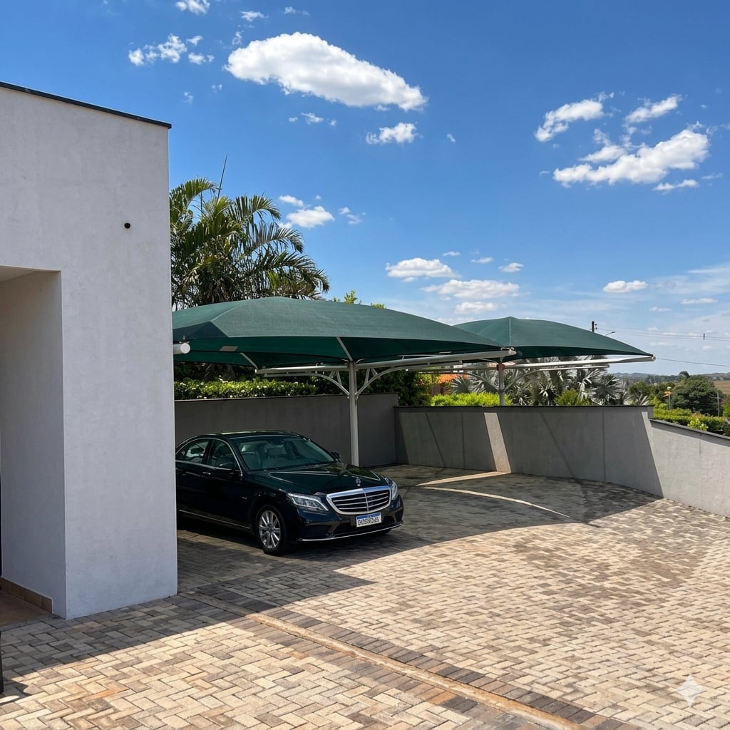 Garagem com cobertura em sombrite instalada, oferecendo proteção solar para veículos.